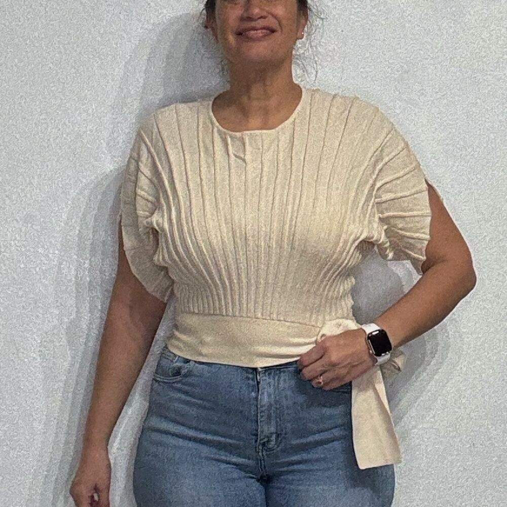 Club Monaco Cream Dolman Short Sleeve Side Tie Sweater Sz S